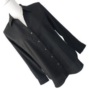 NWT! ANN TAYLOR! SLEEK BLACK TAILORED BUTTON FRONT SILKY FEEL BLOUSE, TOP! SZ MP